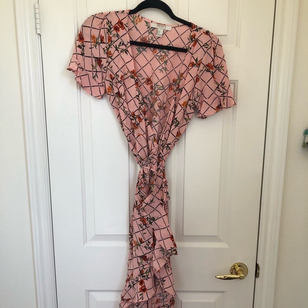 Pink floral print midi wrap dress